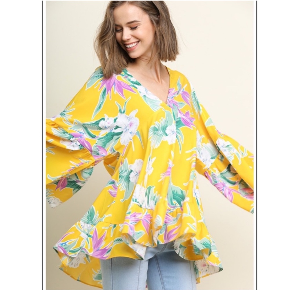 NEW Tropical Print Bell Sleeve V-Neck Hi Lo Blouse - Picture 2 of 5